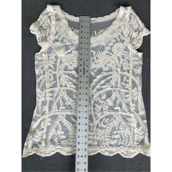 Capri sheer embroidered lace top women M ivory floral mesh boho blouse - Picture 2 of 6